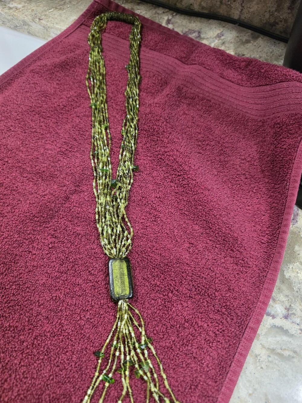 Long 1920s-30s Green Multi Strand Glass Beads Necklace